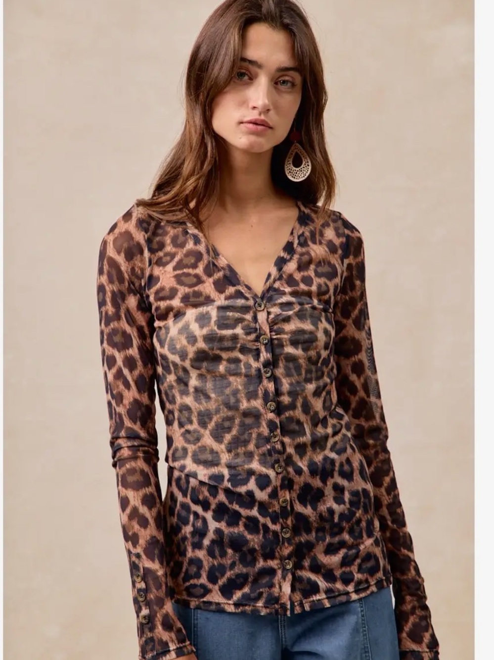 288. BiBi Leopard print sheer button front long sleeve top
